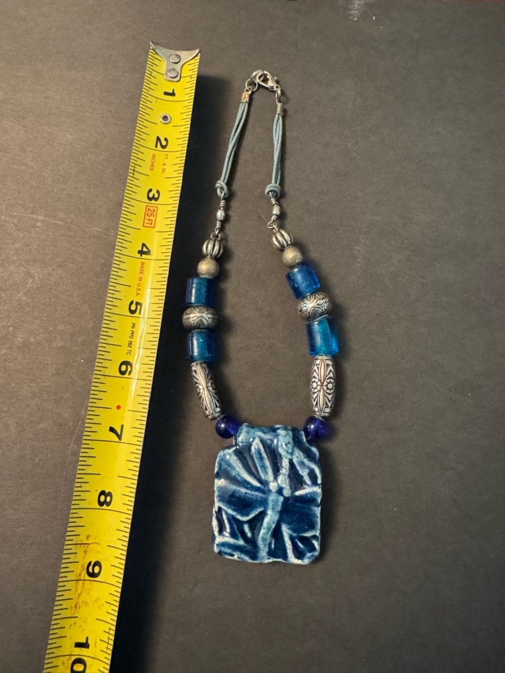 Handcrafted Blue Ceramic Pendant Necklace with Silver Accents
